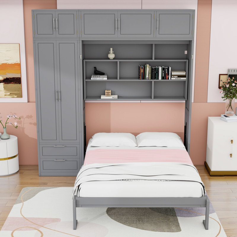 Grand lit escamotable en bois avec garde-robe, armoires et 2 tiroirs, gris