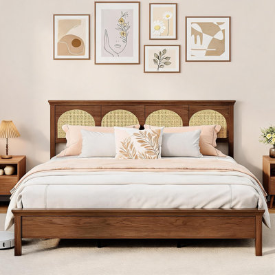 King Rattan Bed Frame, Boho Wood Platform Bed, Silent Slats, No Box Spring Needed