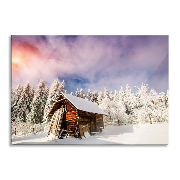 Ebern Designs Wooden Hut In The Snow - No Frame Print on Glass ...