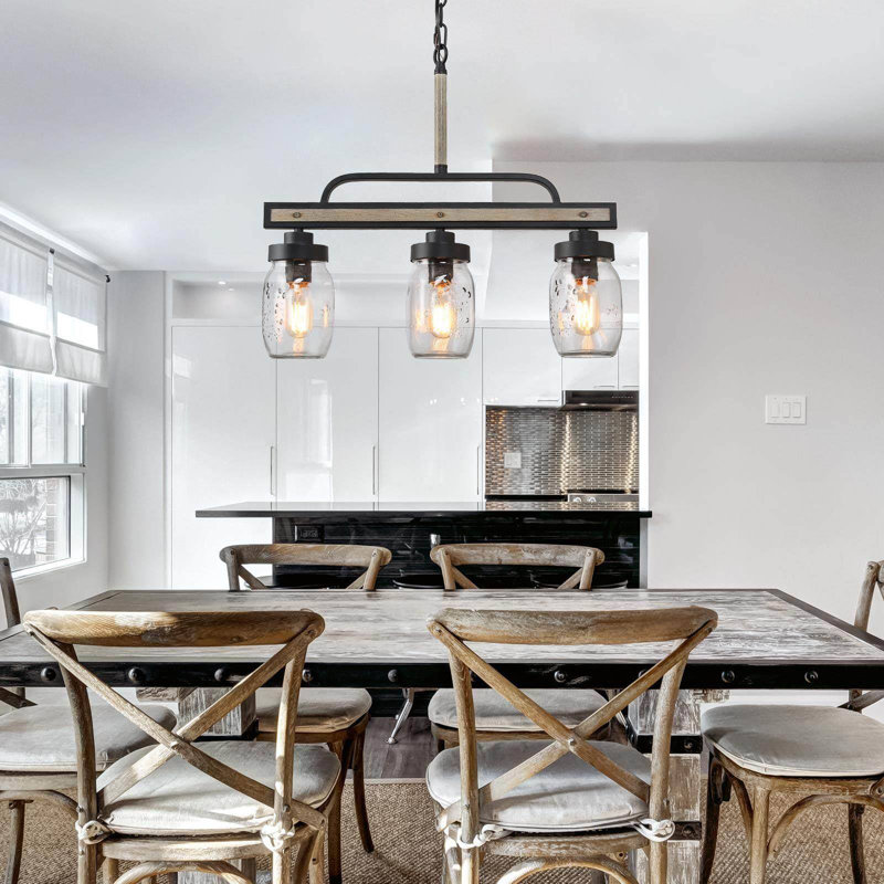 Laila 3-Light Dimmable Linear Farmhouse Pendant Light with Mason Jar Shades for Kitchen Island