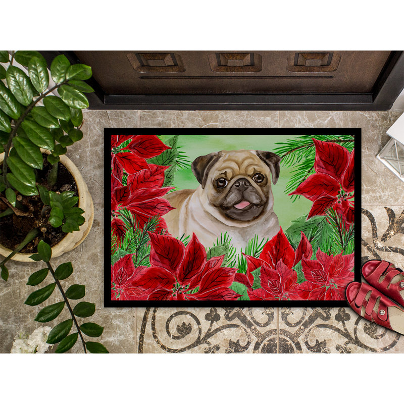 Tapis de porte pour l’extérieur antidérapant fauve carlin poinsettas, Rectangle 2 pi x 3 pi