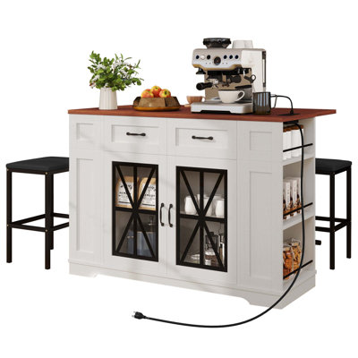 Medeeha Large Portable Kitchen Island Table With Storage Drop Leaf & 2 Bar Stools Seating For Kitchen On Wheels With Power Outlet & Footrest
