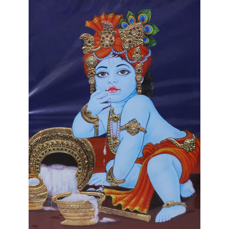 Voler la peinture de Makhan Baal Krishna Tanjore | Couleurs traditionnelles avec or 24 carats | Avec cadre