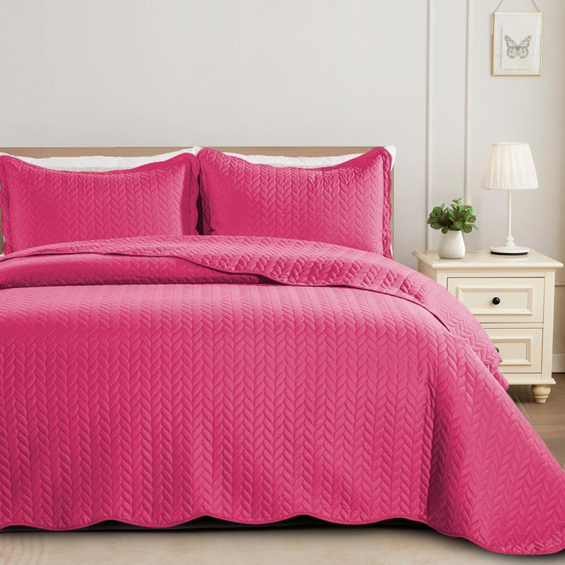 Oxford Homeware Embossed Microfiber Queen Bedspread Set - Soft and Oversized Bedding Set with Matching Shams, Pink