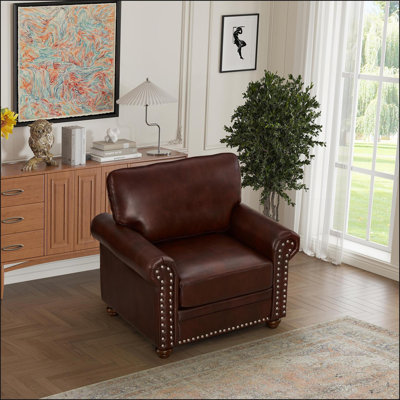 Sofas Single Seat Living Room Chair with Solid Wood Legs | Burgundy Red PU Leather