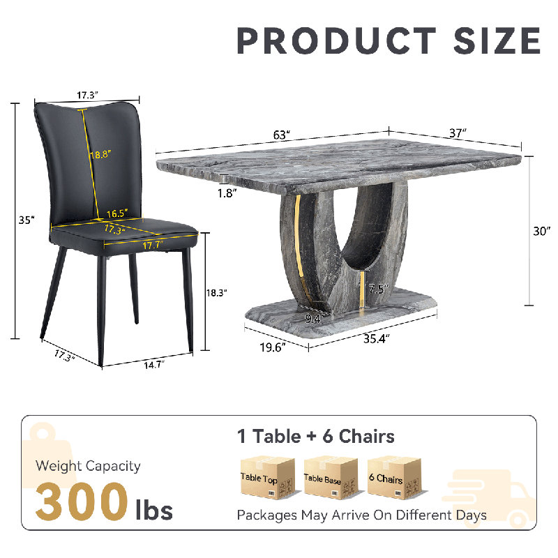 Ensemble de table à manger 63 po, table de salle à manger moderne avec chaises, 7 pièces : table, 6 chaises