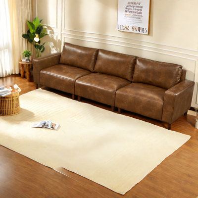 Canapé 3 places de luxe en similicuir brun de 284 cm (112 pouces), pieds en bois, style moderne pour salon