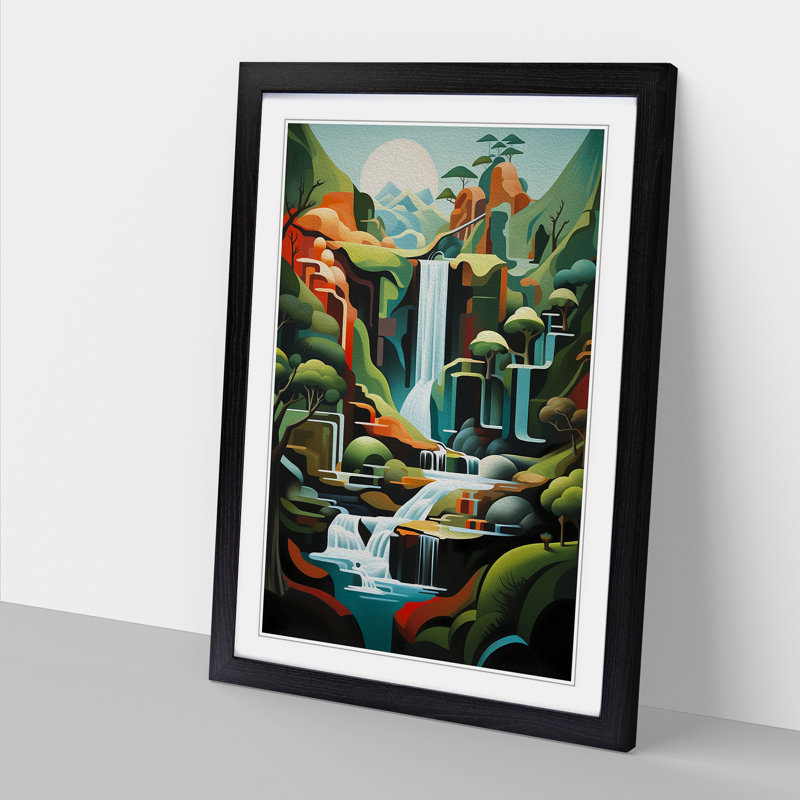 XYZ-FRM-V1223-6437 Waterfall Modern - Single Picture Frame Print on Wood, 46cm H x 34cm W x 2cm D, Black 