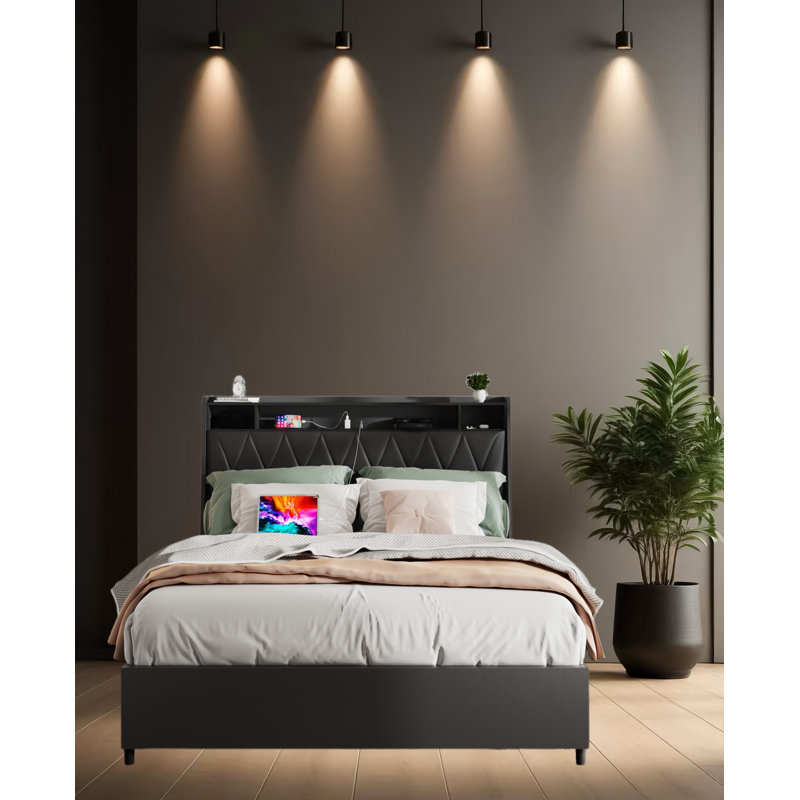 Full Size Bed Frame With Ergonomic Headboard, Full Platform Bed Frame With Outlets & Charger, Full Bed Frame With Storage Shelf, Bed Frame Full Size, Noise-free, No Box Spring Needed