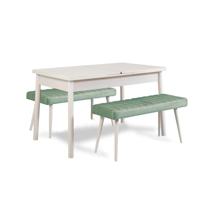 Ensemble de table de salle à manger et de banc extensible D d'effort (3 pièces), Blanc/vert