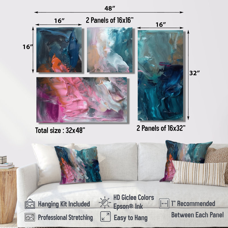 Art mural moderne abstrait bleu et rose - 4 pièces, Toile tendue, Ne s’applique pas