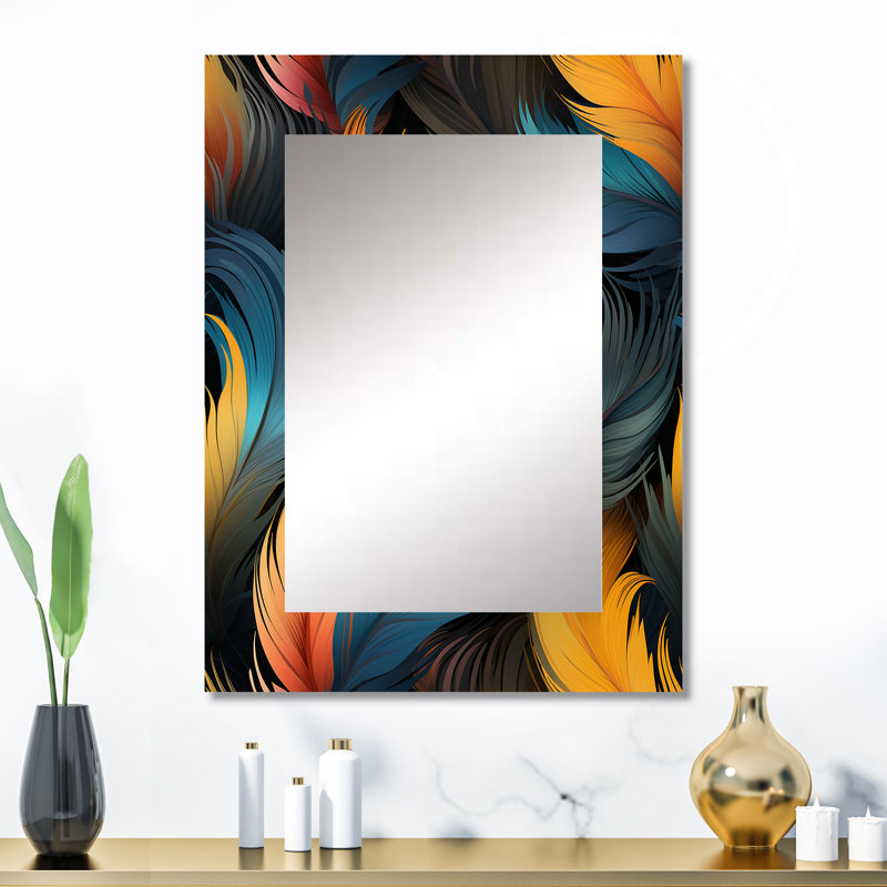 Zenna orange et sarcelle plume Avian Elegance - miroir imprimé animal, miroir mural décoratif Glam, impression d'art en métal