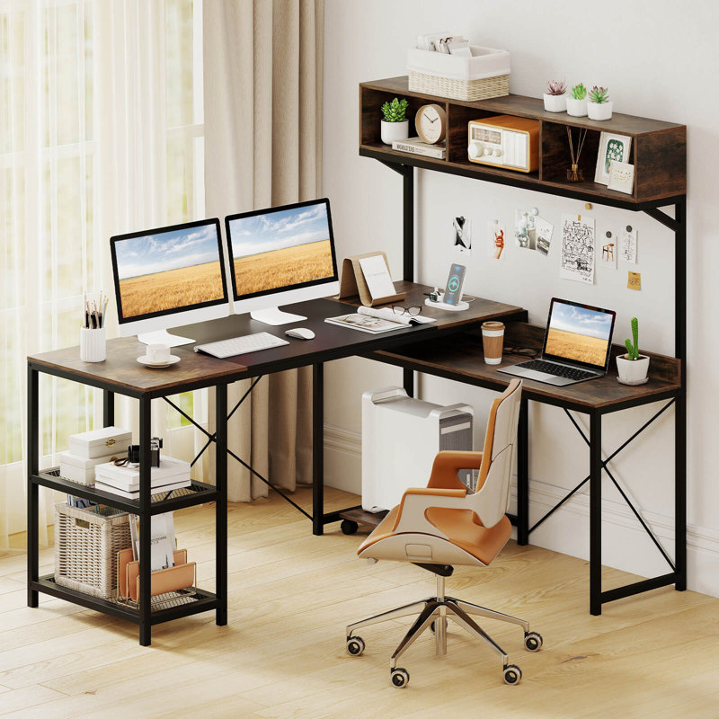 Bureau d'ordinateur en L avec prises de courant, bureau en coin de 62 po avec huche de rangement
