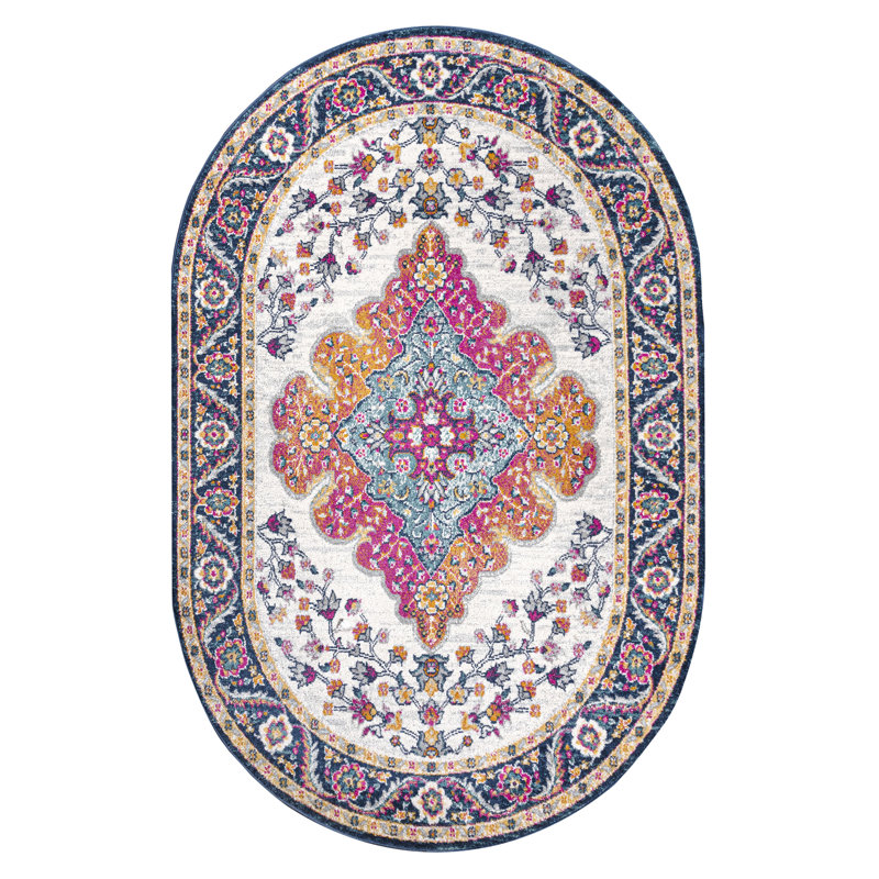 Tapis bleu / jaune / crème Lathan, Ovale 5 pi 3 po x 8 pi