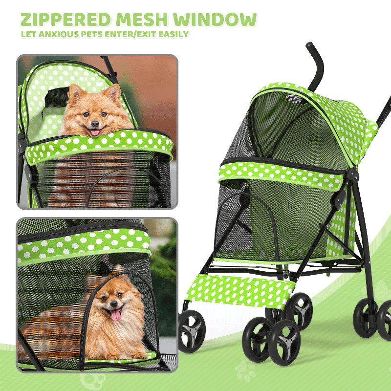 Lawn Green Polka Dot Foldable Pet Stroller with Mesh Windows