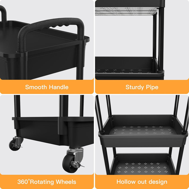 Black 3-Tier Rolling Utility Cart with Drawer and Handle