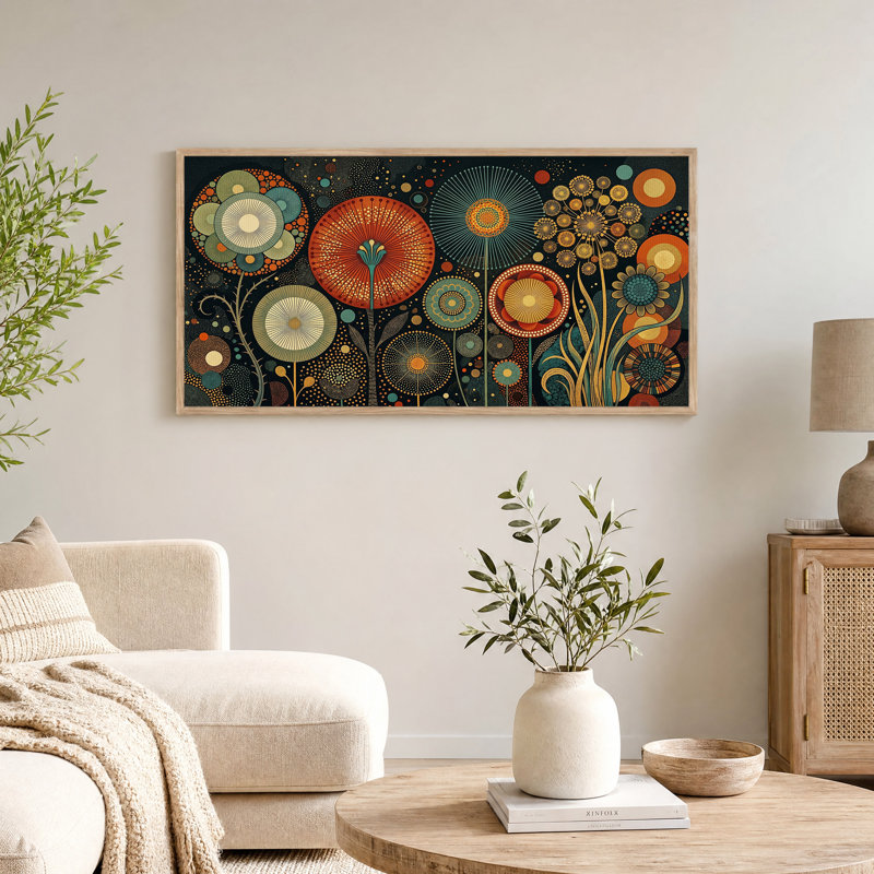 Art mural sur toile stylisé avec fleurs géométriques orange et bleu sarcelle