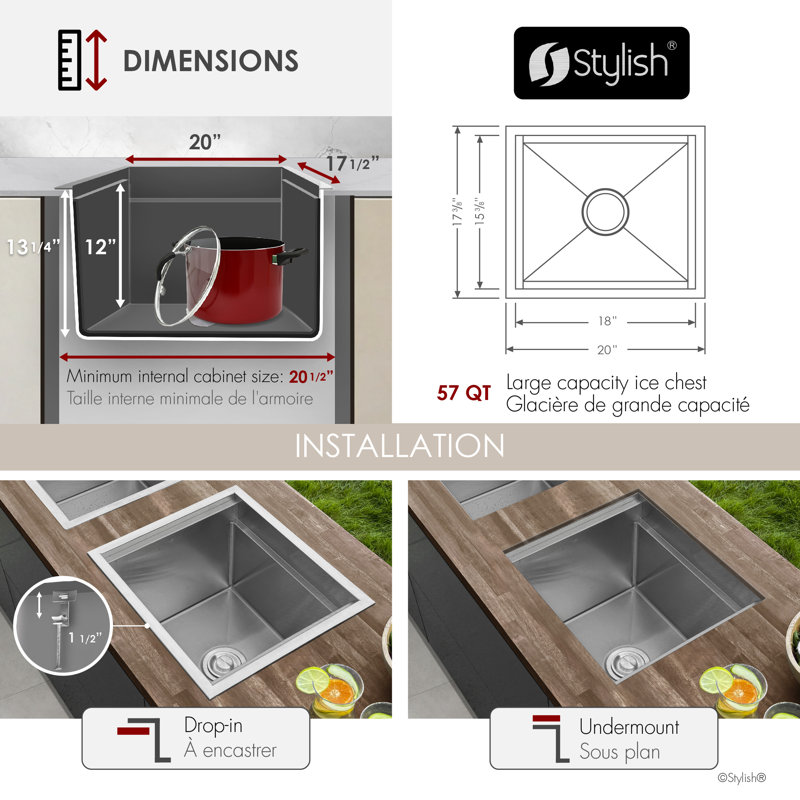 Évier de cuisine encastré ou encastré en acier inoxydable de calibre 16 de 20 po x 17,37 po Dura-Tek avec accessoires intégrés