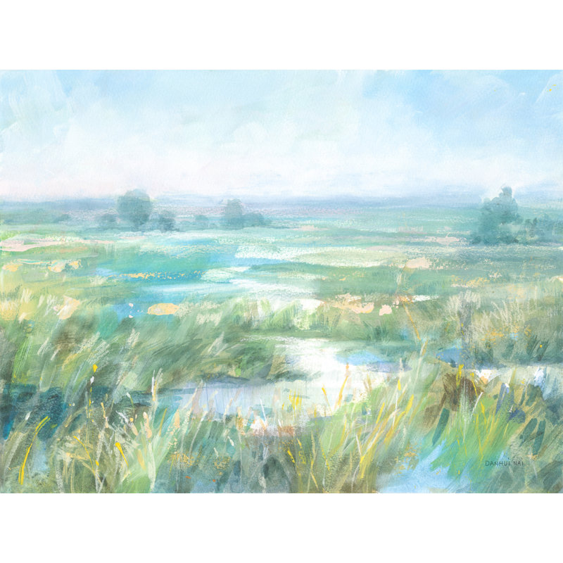 Pré peint, joli, tranquille, doux, brumeux, vert, jaune, bleu sarcelle, cyan, bleu, blanc, ruisseau, rivière, campagne, hautes herbes