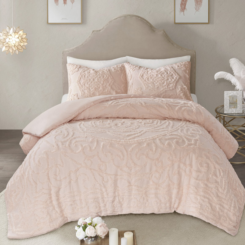 King Beige Cotton Chenille Medallion Fringe Coverlet Set