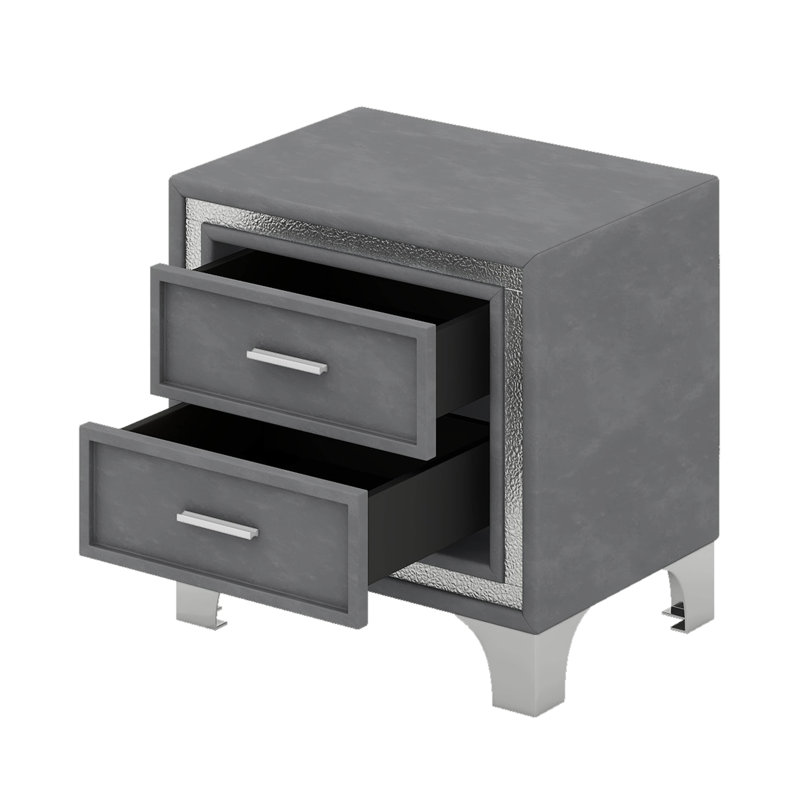  Ensemble de chambre à coucher 3 pièces Duri, lit plateforme tapissier grand avec lumières DEL et deux tables de chevet