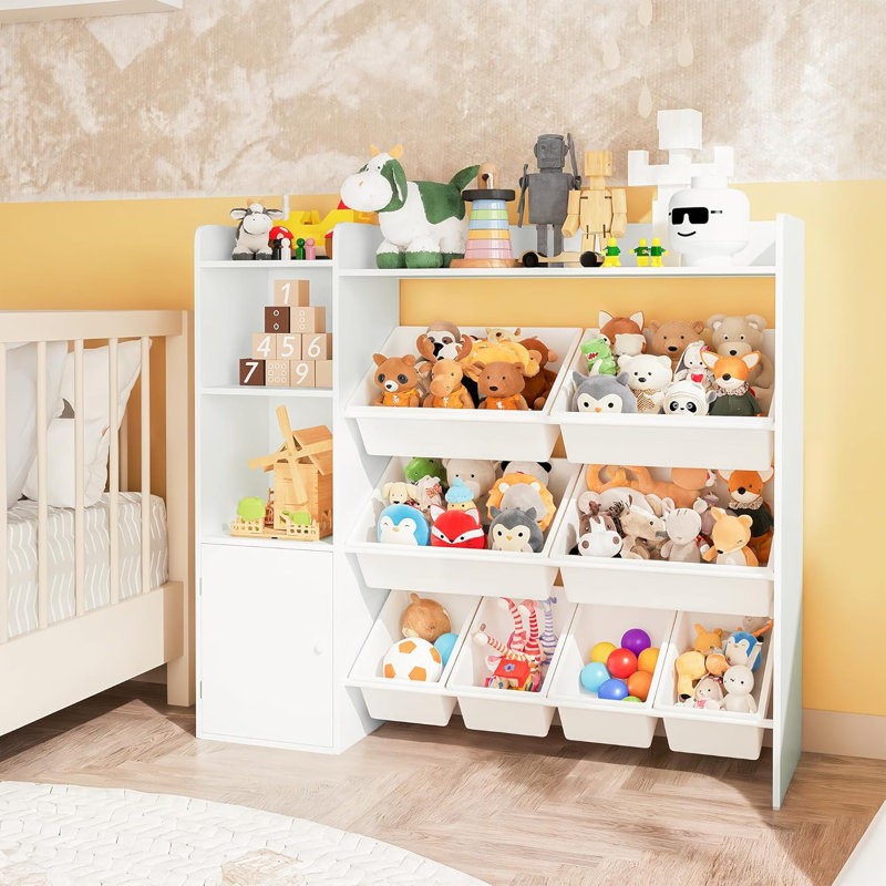 Rangement pour jouets pour enfants avec 8 bacs amovibles et bibliothèque, bois d'ingénierie, Blanc