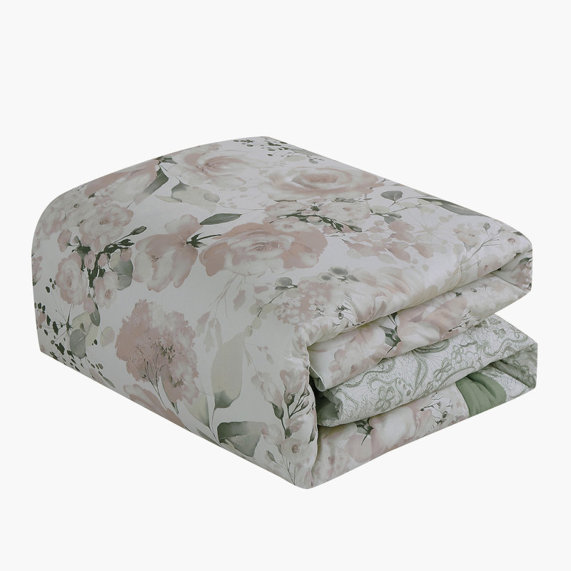 Ensemble d'édredon 7 pièces Blush and Sage Floral avec détails brodés et imprimés, doux microfibre de polyester