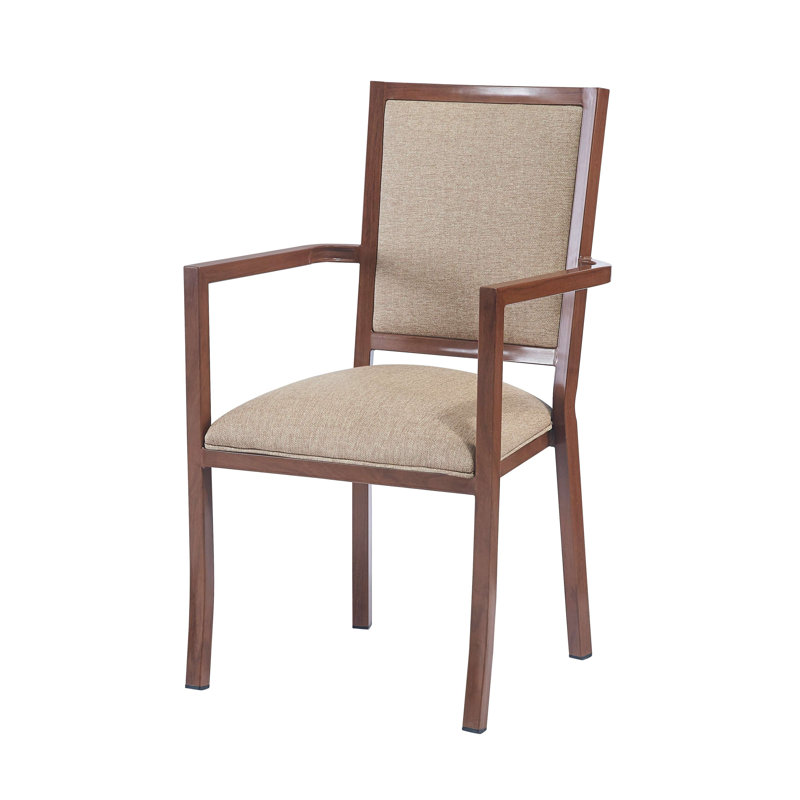 Fuselier Nolia Industrial Metal Armchair with Welded Iron Frame, Cherry Water Print Finish, Brown Vinyl Upholstered Seat and Back, Foam Padding, Wood Panel Base, and Stackable Design for Dining or Accent Use