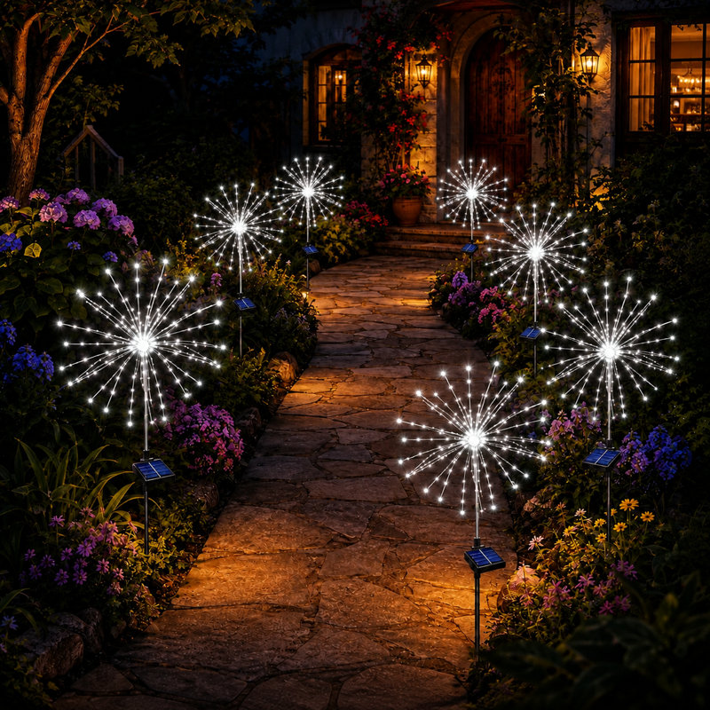8 modes de feux d'artifice solaires et 120 lumières de paysage de jardin à DEL imperméables pour le décor des Fêtes, Blanc