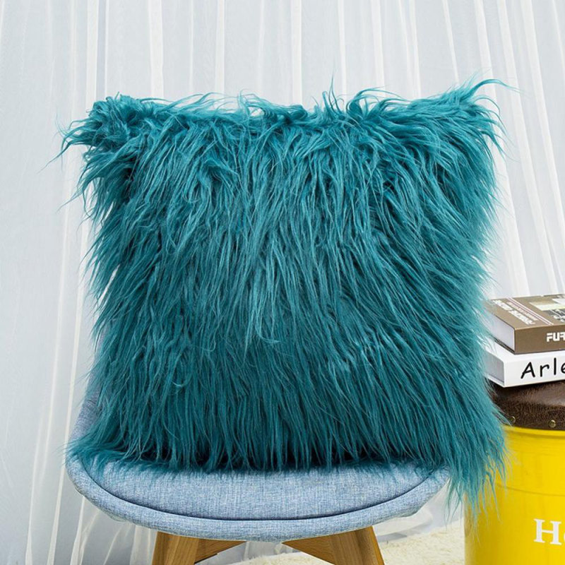  Housse de coussin carrée en fausse fourrure, Bleu tempête