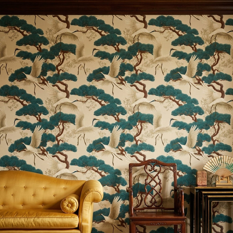Papier peint oriental Grues et pins, Non-Pasted