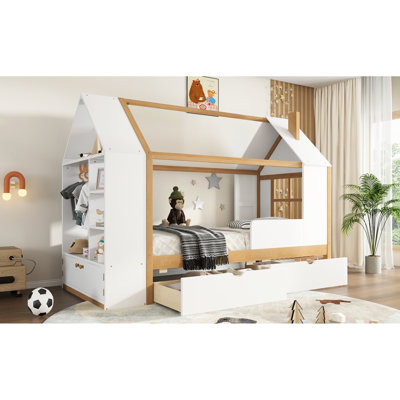 Lit plateforme simple avec tiroirs et tablettes de rangement, bois naturel blanc, bois massif pour chambre d'enfant et chambre d'enfant