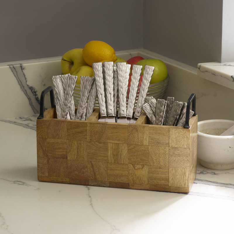 Avery Checkered Mango Wood Flatware Caddy with Iron Handles
