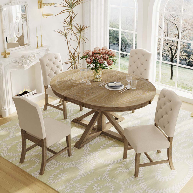 Table extensible et 4 chaises rembourrées pour la salle à manger et le salon, Bois naturel délavé