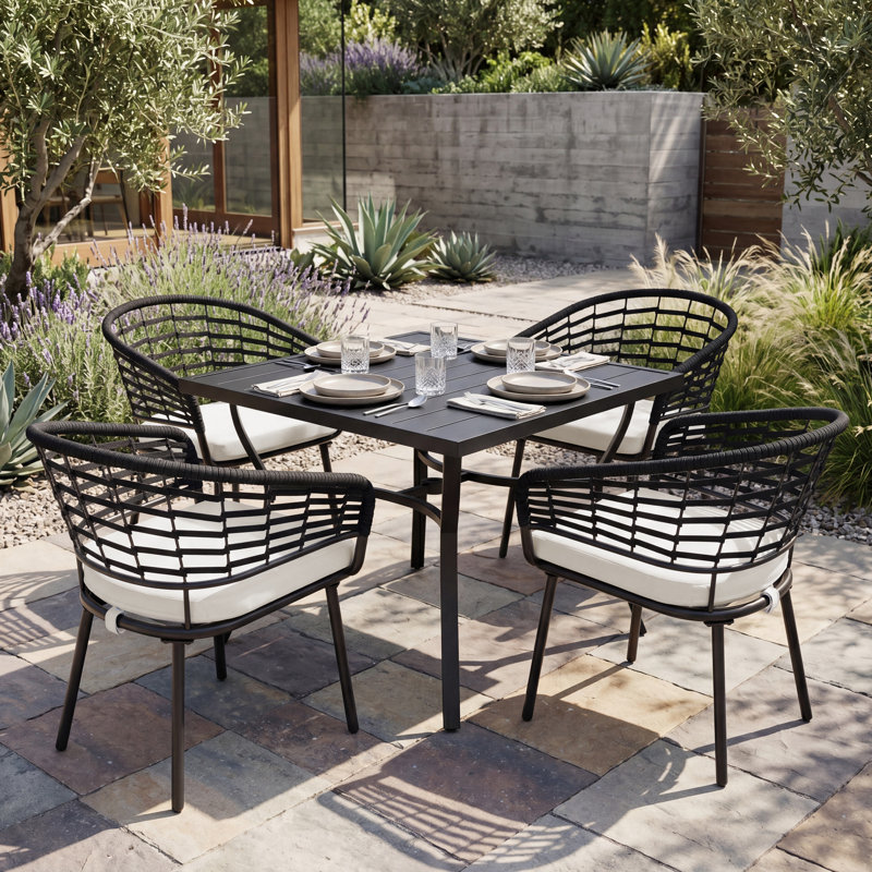 Ensemble repas d'extérieur en corde tissée 5 pièces avec coussins, Square, 4