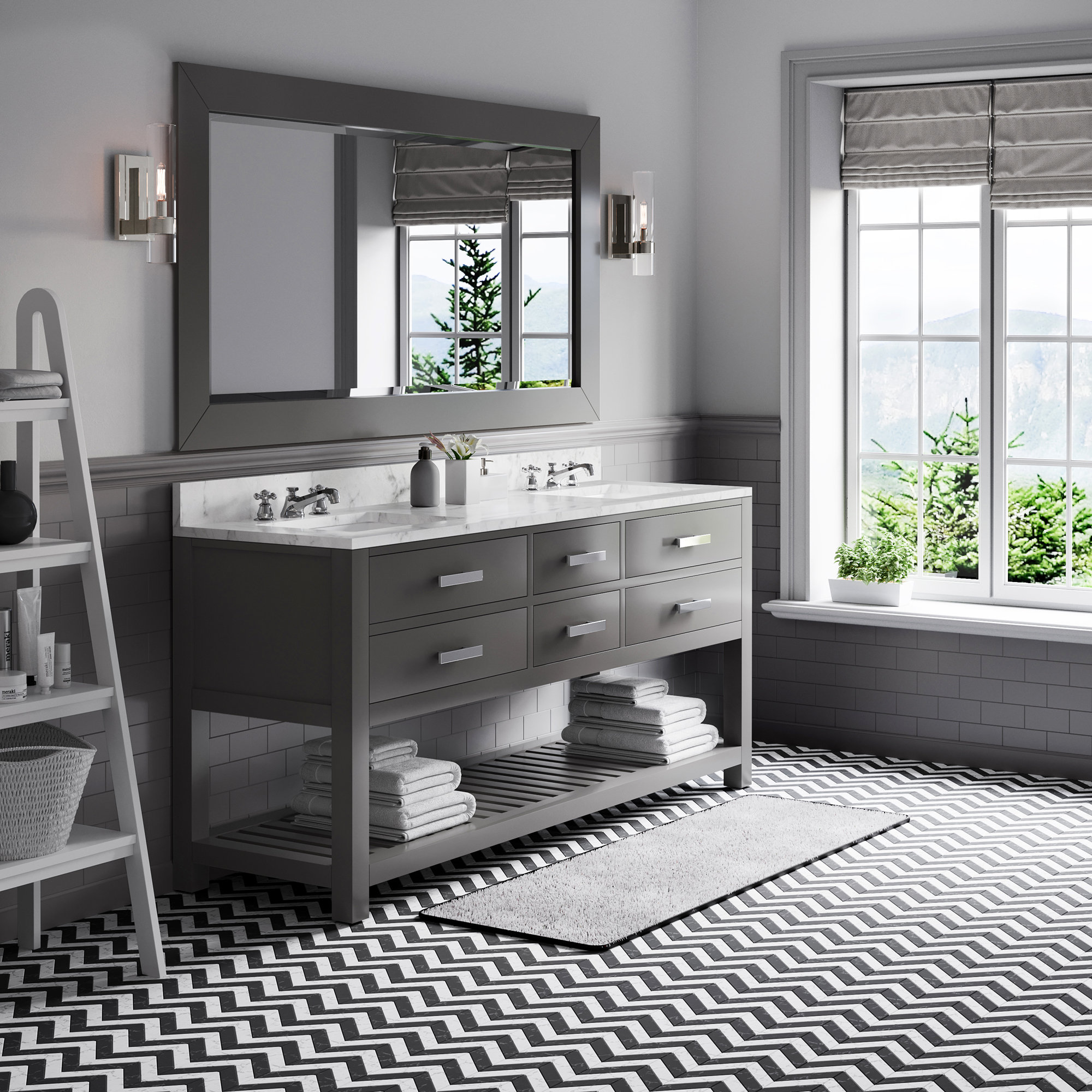 Cronin 72" Carrara White Marble Countertop Bath Vanity with Facuet, Cashmere Gray, 72"