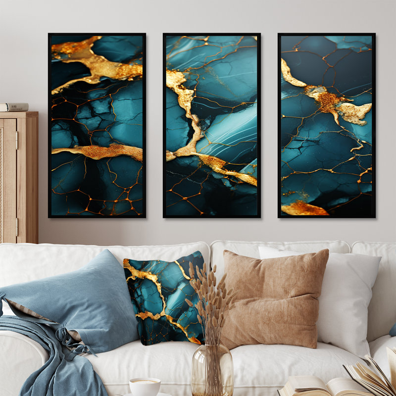 «Green and Gold Topaz Agate Granite I», reproduction d'art murale abstraite, Cadre flottant noir, H 28 po x l 36 po x P 1 po