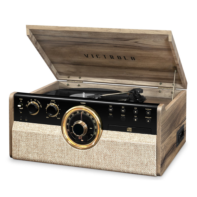 Victrola Farmhouse Walnut 6-in-1 Bluetooth Record Player with AM/FM Radio
