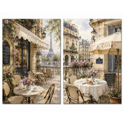 Très grand ensemble de 2 Paris Café Terrace, impression sur toile, élégant bistro français pour la cuisine, salle à manger, salon, impression sur toile 24 x 36 pouces - prêt à être accroché