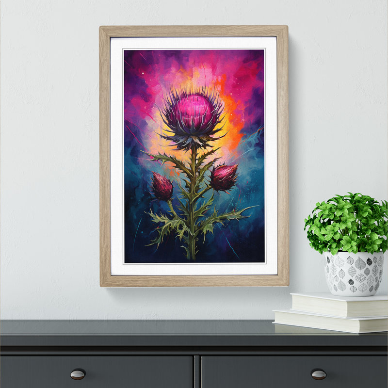 XYZ-FRM-V1223-6153 Thistle Tachisme - Single Picture Frame Print on Wood, Oak , 34cm H x 25cm W x 2cm D