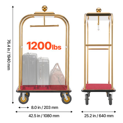 Hotel Luggage Cart, 1200 lbs Heavy Duty Bellman Cart with Stainless Steel Frame, 8 in Rubber Wheels, Red Carpeted Deck, Commercial Luggage Carrier Rolling Trolley for Hotels, Resorts, Gold