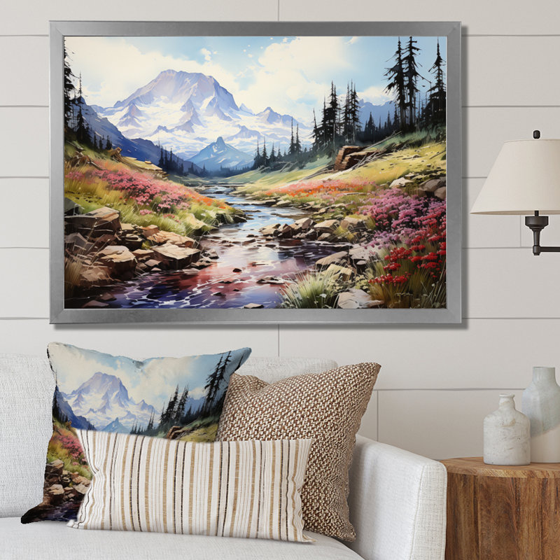 " Mountains Mountains In Bloom ", H 16 po x l 32 po x P 1 po, Cadre simple argenté