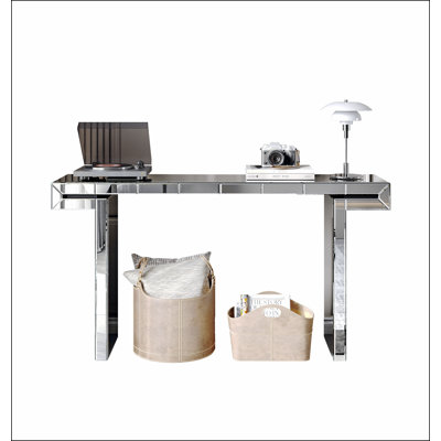 Console de 60 pouces avec miroir pleine longueur de luxe avec verre trempé cannelé, table de canapé avec miroir d'entrée, style luxueux léger, résistant aux égratignures, emballage renforcé