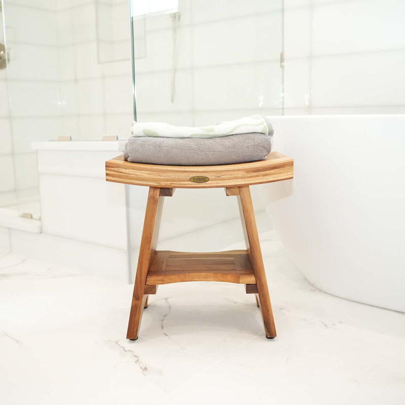 Banc de douche en teck 18 po avec tablette de rangement, pieds imperméables et antidérapants, siège de douche entièrement assemblé Ecodecors Serenity