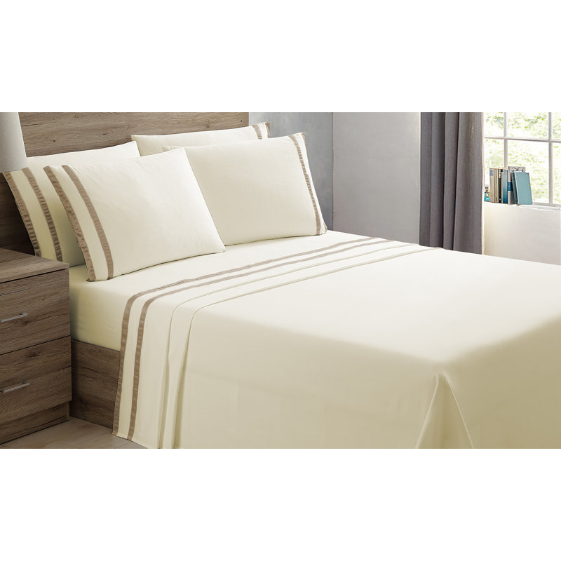  Ensemble de draps rayés en satin de coton mélangé à contexture de 1000 fils, Bande de satin ivoire et moka