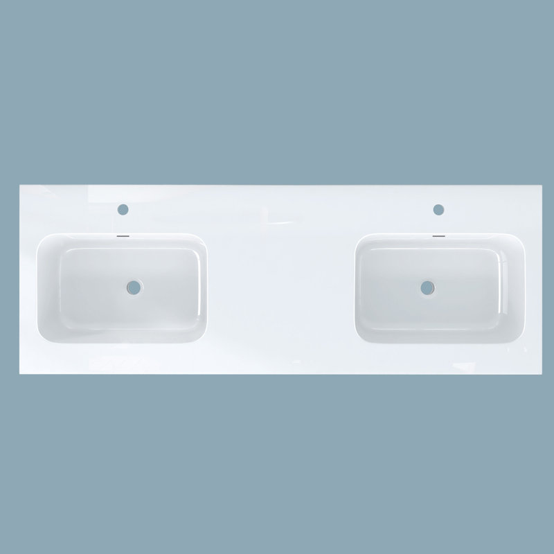 60" Solid Surface Double Bathroom Vanity Top In White With Sink