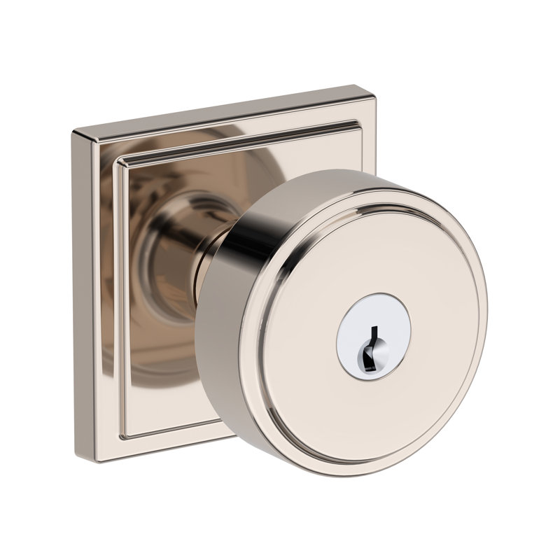 Vashon Keyed Entry Knob with Stepped Square Rose in Lifetime (PVD) Satin Brass, Polished Nickel