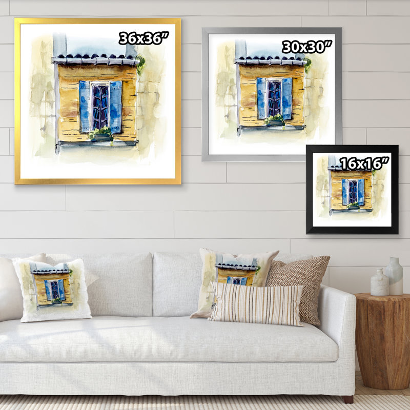 Fenêtre bleue dans une maison rustique - Peinture sur toile, H 16 po x l 16 po x P 1 po, Cadre photo noir