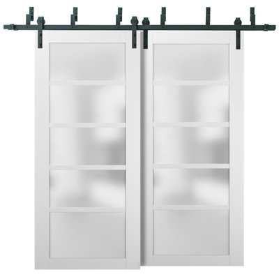 Quadro Frosted Glass Sliding Closet White Doors with Installation Hardware Kit