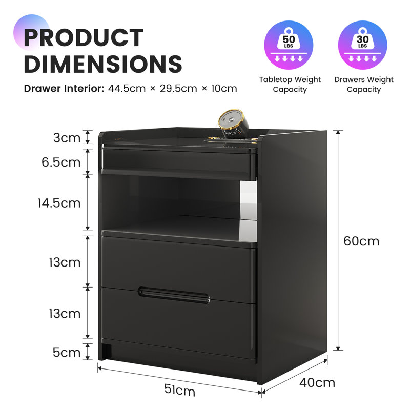 51 cm W Bedside Table, Black